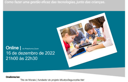 Cartaz de divulgação de workshop. Além da informação já constante na publicação, o cartaz apresenta uma fotografia, inclinada, de quatro crianças a usarem equipamento informático.