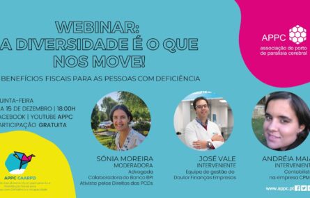Cartaz de divulgação da iniciativa. Além das informações contantes na publicação, o cartaz apresenta as imagens dos três participantes. Cartaz com fundo azul claro e duas zonas laterais (uma rosa, outra amarela). Indicação do sítio e redes sociais da APPC.