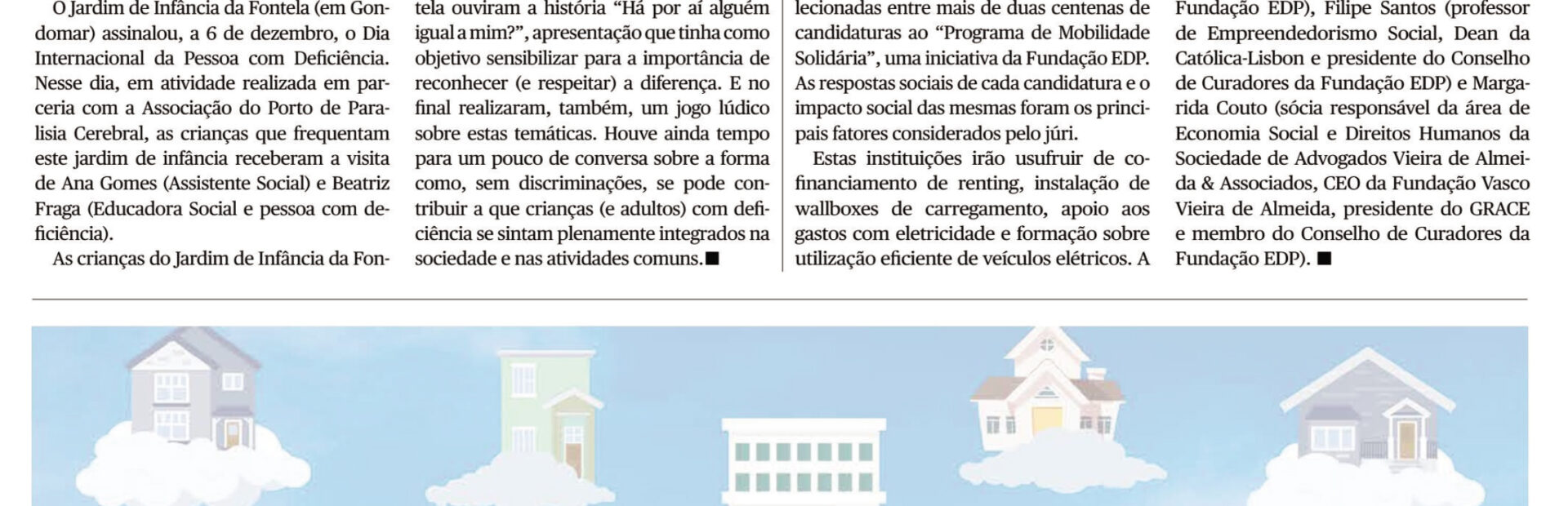 Cópia de página do jornal Vivacidade de dezembro de 2022. A meia página superior é preenchida com duas notícias sobre a APPC. Na parte inferior, ligeiramente esbatida, está meia página com publicidade. Cada uma das notícias da APPC é acompanhada por uma fotografia e imagem.