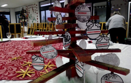 Fotografia a uma mesa com árvore de natal feita de pequenos pedaços de madeira. Na árvore estão penduradas bolas de Natal, impressas em papel, com vários nomes. Ao fundo da imagem estão algumas mesas, várias cadeiras e uma árvore de Natal.