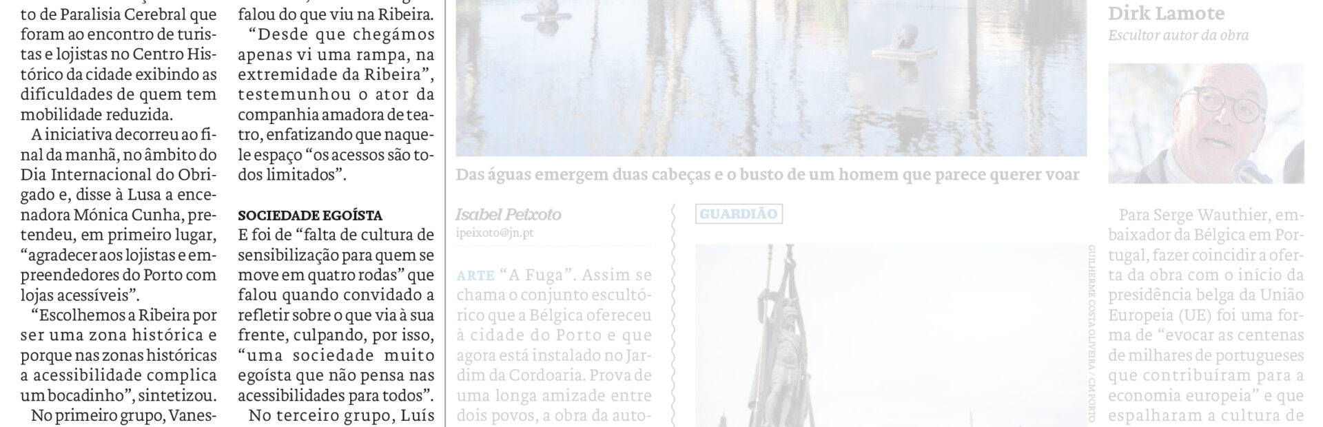Cópia da página 19 do Jornal de Notícias de 12 de janeiro de 2024. À esquerda notícia intitulada “Teatro de rua alerta para falta de acessibilidades”, acompanhada, em baixo, por fotografia com uma pessoa sentada em cadeira de rodas a entregar, a outra pessoa, uma rosa. Na parte direita da página surge outra notícia, de assunto distinto, que foi desfocada.