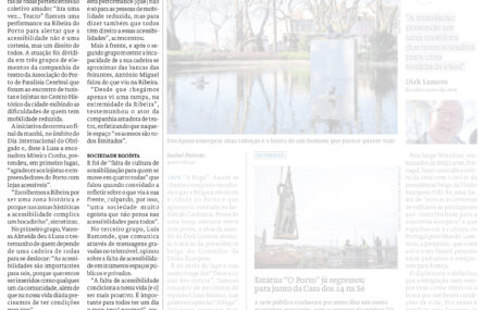 Cópia da página 19 do Jornal de Notícias de 12 de janeiro de 2024. À esquerda notícia intitulada “Teatro de rua alerta para falta de acessibilidades”, acompanhada, em baixo, por fotografia com uma pessoa sentada em cadeira de rodas a entregar, a outra pessoa, uma rosa. Na parte direita da página surge outra notícia, de assunto distinto, que foi desfocada.