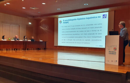 Palco de auditório com uma mesa do lado esquerdo. Junto da mesa estão quatro pessoas sentadas. Do lado direito da imagem um púlpito junto do qual outra pessoa aparenta estar a falar. Projeção em tela ao centro da imagem.