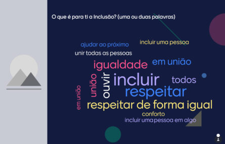 Imagem retirada de uma apresentação digital. Fundo cinza e azul com letras coloridas. Em destaque a pergunta “O que é para ti a inclusão?” e inúmeras palavras com as várias respostas.