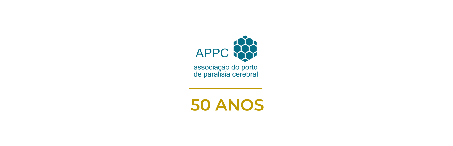 Banner com o logotipo da APPC ao centro. Abaixo deste um traço e o texto 50 anos (ambos em tom dourado).