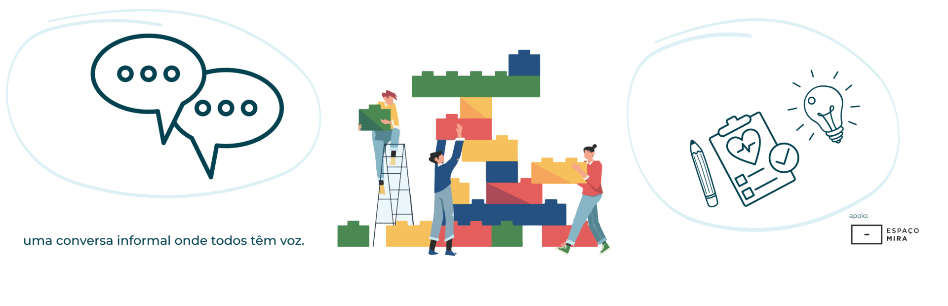 Representação gráfica de 3 pessoas a fazerem uma construção com peças de lego coloridas e uma das pessoas utiliza um escadote, alguns ícones de saúde escolar e comunicação estão pelo espaço do desenho. Frase: Uma conversa informal onde todos têm voz. logotipo do apoio: Espaço Mira
