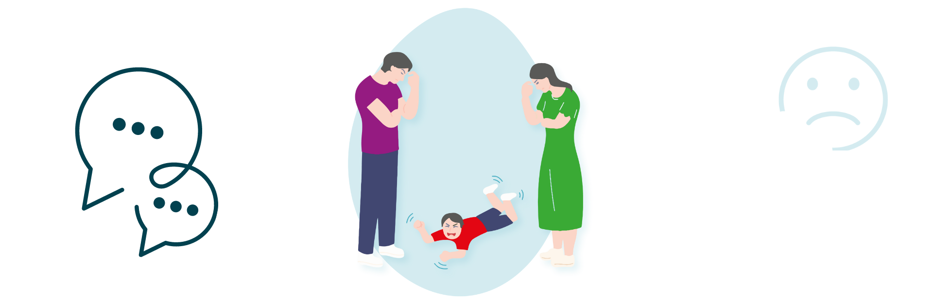 Banner, ao centro, em desenho colorido, dois adultos com a mão na testa, demonstrando preocupação, entre estes, no chão está criança que demonstra alguma irritação. Na esquerda icon de balões de conversa. 
Na direita, emoticon que demonstra má disposição.