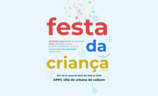 Imagem quadrada com fundo azul claro. Em letras coloridas a expressão “Festa da Criança” com identificação das várias atividades a desenvolver. Indicação de data e hora (28 e 29 de maio das 09h00 às 12h00) e local (Villa Urbana de Valbom). Algumas pequenas imagens, dispersas, dão vida e cor ao cartaz.