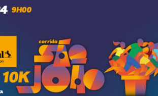 Banner de divulgação da Corrida de São João. Fundo azul escuro com sobreposição de informações com a data e hora (16 de junho às 09h00). Imagem estilizada de várias pessoas a correr. Logótipo do patrocinador, do Município de Gaia, da Runporto e ainda indicação de angariação de fundos para a Associação do Porto de Paralisia Cerebral.