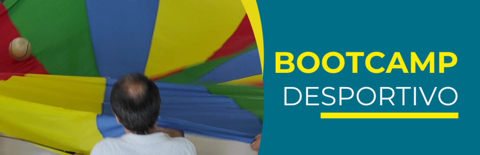 Imagem promocional da Associação do Porto de Paralisia Cerebral (APPC) para um Bootcamp Desportivo. A imagem mostra uma pessoa em cadeira de rodas participando de uma atividade com um grande pano colorido. O texto na imagem diz:
