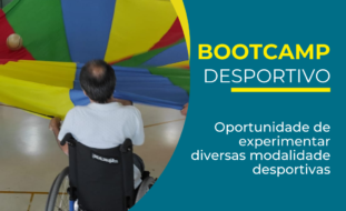 Imagem promocional da Associação do Porto de Paralisia Cerebral (APPC) para um Bootcamp Desportivo. A imagem mostra uma pessoa em cadeira de rodas participando de uma atividade com um grande pano colorido. O texto na imagem diz: 