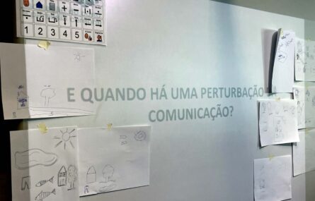 Aspeto parcial de quadro branco em parede com projeção multimédia e várias folhas de papel coladas. Ao centro da projeção a frase “E quando há uma perturbação da comunicação?”.