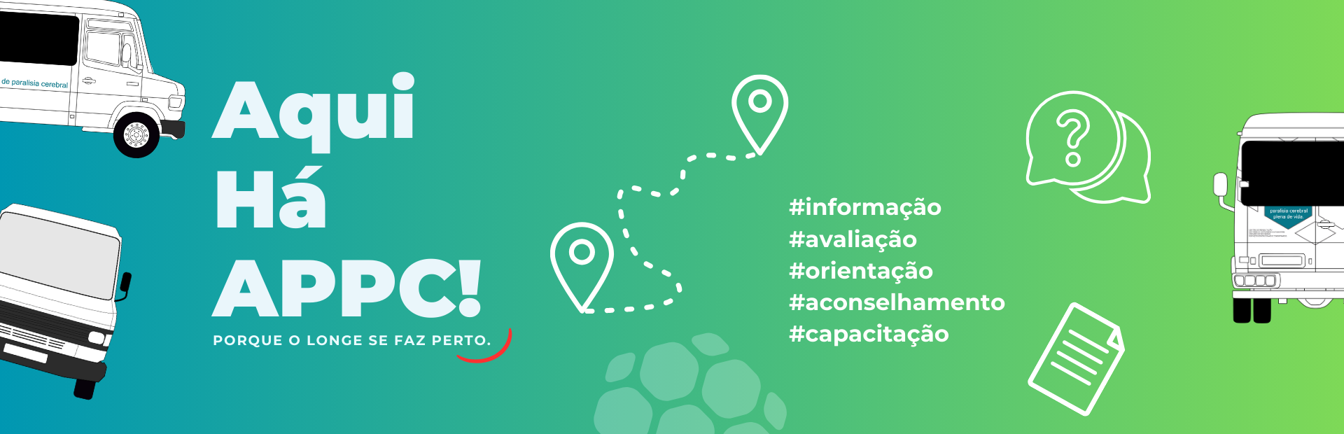 imagem da Associação do Porto de Paralisia Cerebral (APPC) mostra três desenhos de autocarros nas bordas e, no centro, um texto grande que diz: