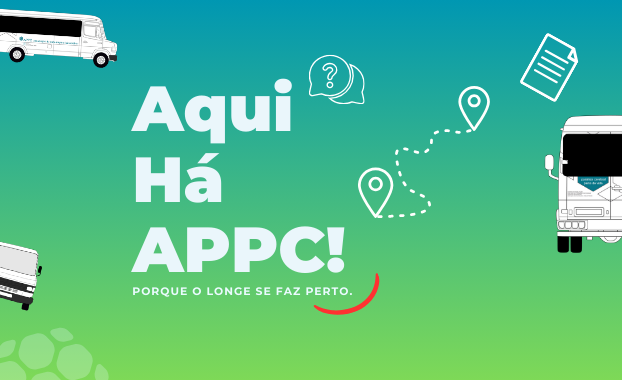 A imagem é um banner promocional com um fundo gradiente que vai do azul ao verde. No canto superior esquerdo, há um desenho de um autocarro branco, e no canto inferior esquerdo, outro autocarro semelhante, ambos em movimento. No lado direito da imagem, há uma van branca estacionada. No centro da imagem, está o texto em letras grandes e brancas: 