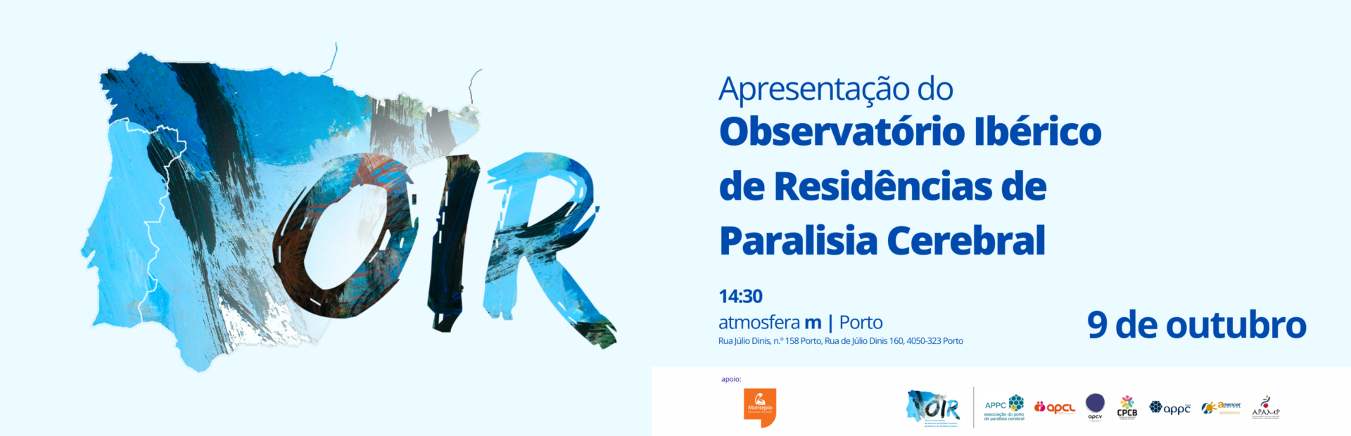 Grafismo de apresentação do OIR. Imagem estilizada da Península Ibérica sobre fundo azul claro. Indicações complementares já constantes na publicação. Em rodapé, do lado direito, os logótipos das entidades envolvidas.