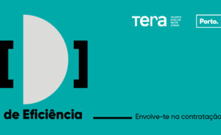 Imagem de divulgação do projeto D de Eficiência. Fundo azul-esverdeado. Grafismo do projeto e informações sobre data e local: 3 de dezembro no IEFP Porto, referindo ainda ser a sexta edição.