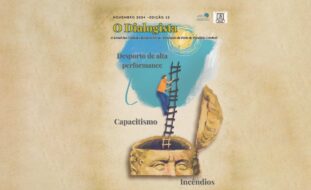 Cópia da primeira página de edição de “O Dialogista”. Imagem estilizada de uma pessoa a subir uma escada que começa no interior de um cérebro. Notícias em destaque: desporto de alta performance, capacitismo e incêndios.