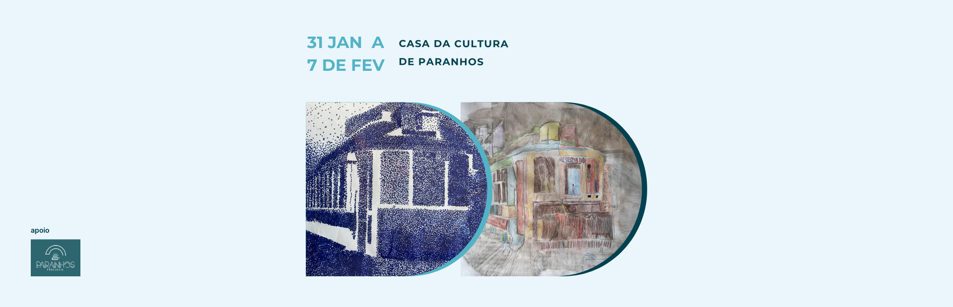 Divulgação da iniciativa. Fundo azul claro e informações já constantes na publicação. Logótipo dos 50 anos da APPC e duas imagens estilizadas do que aparenta ser um elétrico a circular numa rua. Logótipo da Junta de Freguesia de Paranhos.
