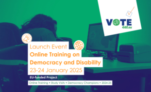 Pessoa a utilizar um computador, logotipo Vote4All.eu, texto: Online Training on Democracy and Disability, 23-24 Jan 2025.