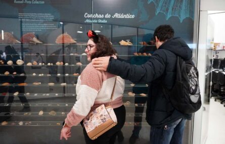 Duas pessoas, de costas, junto de um armário envidraçado com nove prateleiras (também em vidro) com imensas conchas. O referido armário expositor tem, no seu fundo, um cartaz que diz “Conchas do Atlântico – Atlantic Shells”. Uma das pessoas tem a mão sobre o ombro da outra.