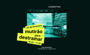 Imagem de divulgação de um evento com fundo em tons de azul e verde, mostrando uma área externa com estruturas metálicas e um edifício ao fundo. No topo, está escrito 