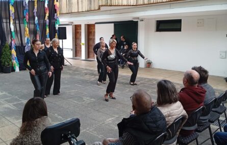 Espaço exterior com várias pessoas (sentadas e em pé) a assistirem a uma atuação de um grupo de dança.