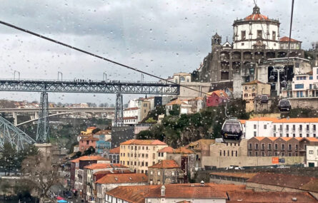 Imagem de parte da zona ribeirinha de Vila Nova de Gaia. São visíveis inúmeros edifícios (essencialmente antigos) e, ainda que parcialmente, duas pontes. Na imagem surgem ainda cinco cabines de teleférico e os respetivos cabos de transporte das mesmas.