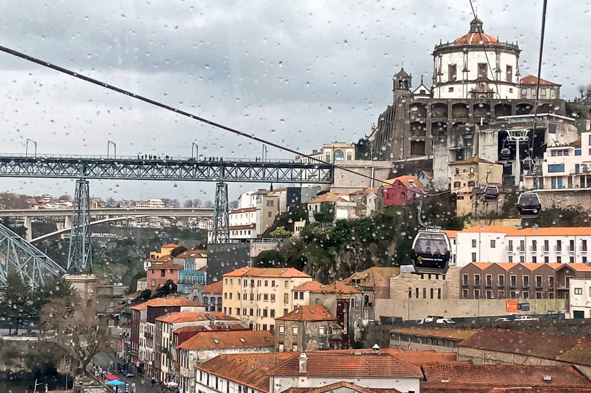 Imagem de parte da zona ribeirinha de Vila Nova de Gaia. São visíveis inúmeros edifícios (essencialmente antigos) e, ainda que parcialmente, duas pontes. Na imagem surgem ainda cinco cabines de teleférico e os respetivos cabos de transporte das mesmas.