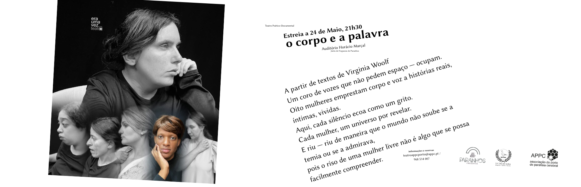 Banner do espetáculo 'O Corpo e a Palavra', estreia a 24 de maio às 21h30 no Auditório Horácio Marçal. Representação grafica de texto e fotografia
