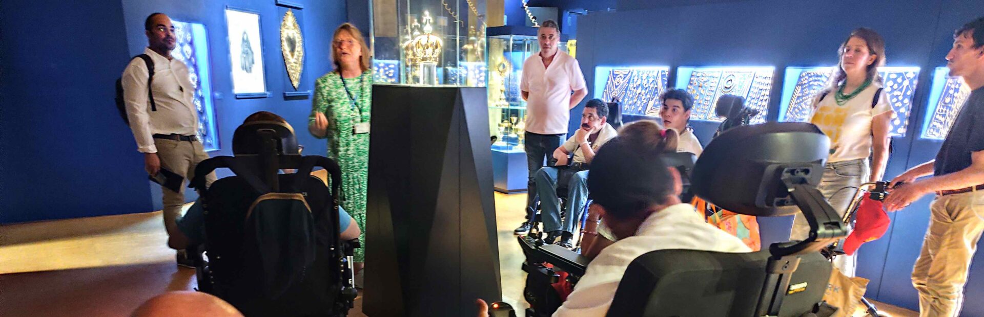 Grupo de pessoas em espaço interior (mal iluminado) que aparenta ser um local de exposição. São visíveis várias vitrinas, iluminadas, com diverso material em exposição.