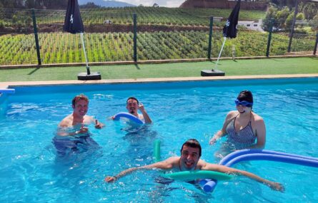 Quatro pessoas em atividade dentro de uma piscina. Ao fundo da imagem terrenos cultivados e várias árvores.